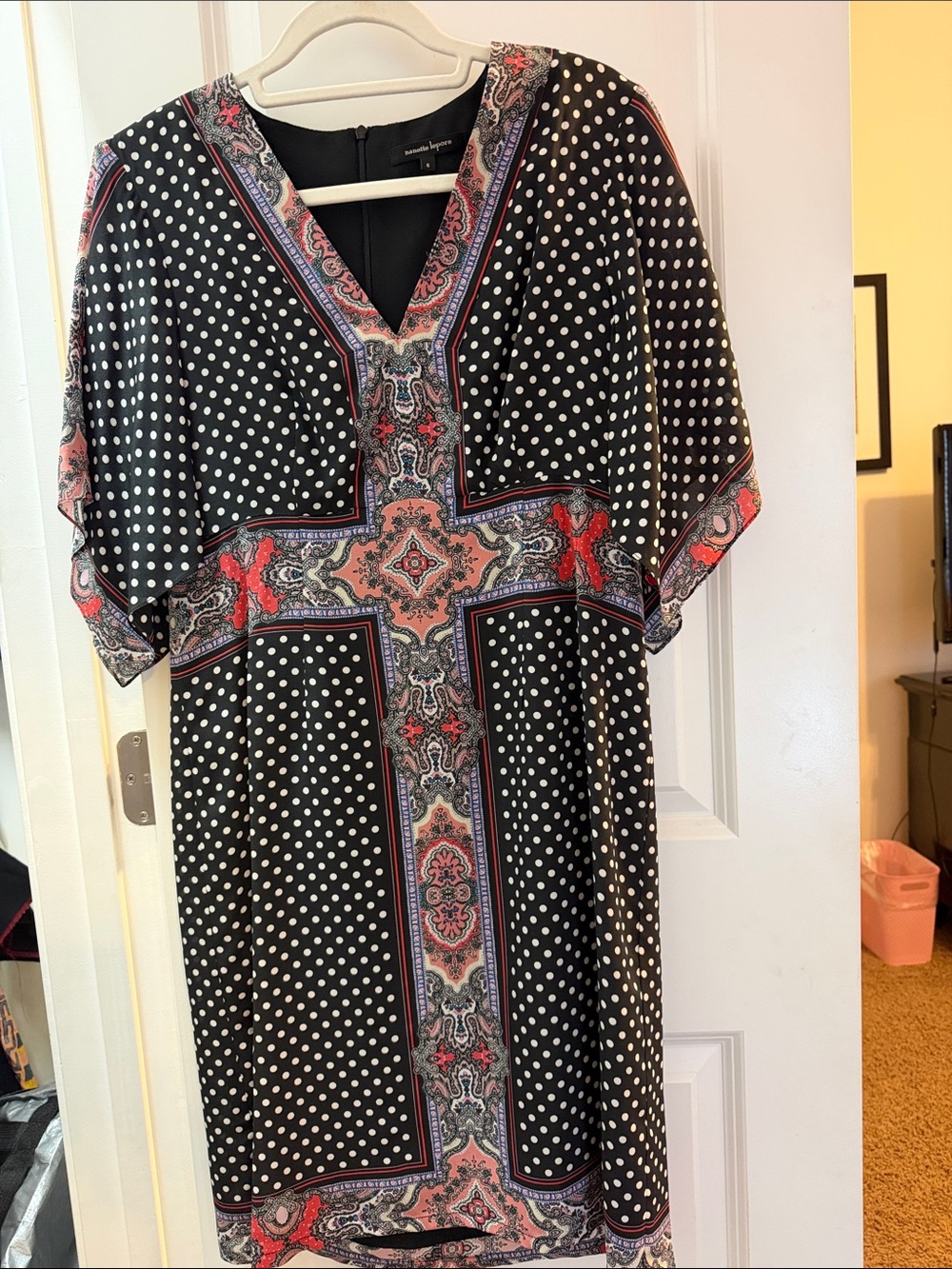 Nanette Lepore Black Polka Dot Midi Dress with Pink-Red Paisley Trim